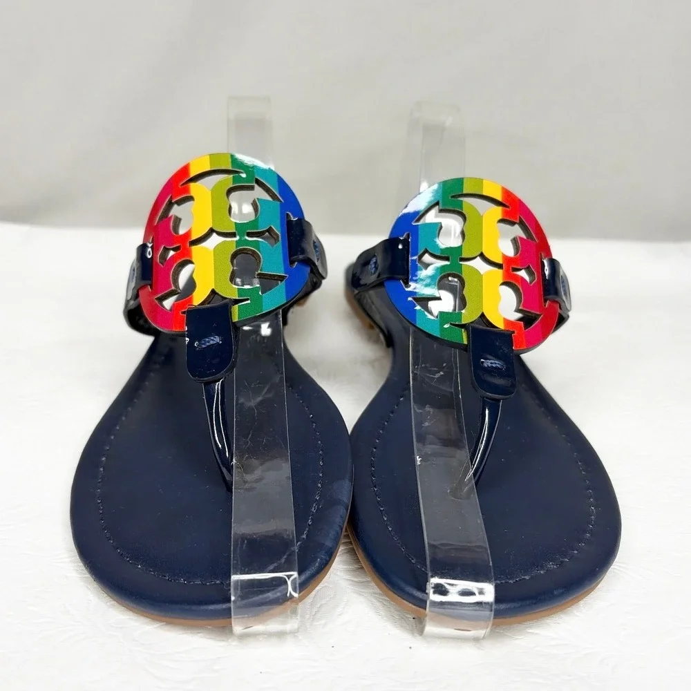 Tory Burch Miller Sandals Navy Blue Rainbow Logo Patent‎ Leather Thong Flat 7M